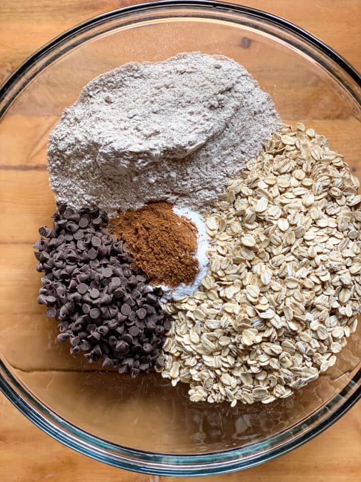 All dry ingredients in large glass bowl.