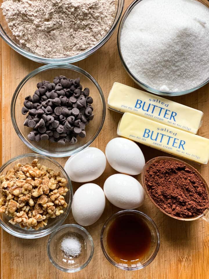 Dark chocolate walnut brownies ingredients.