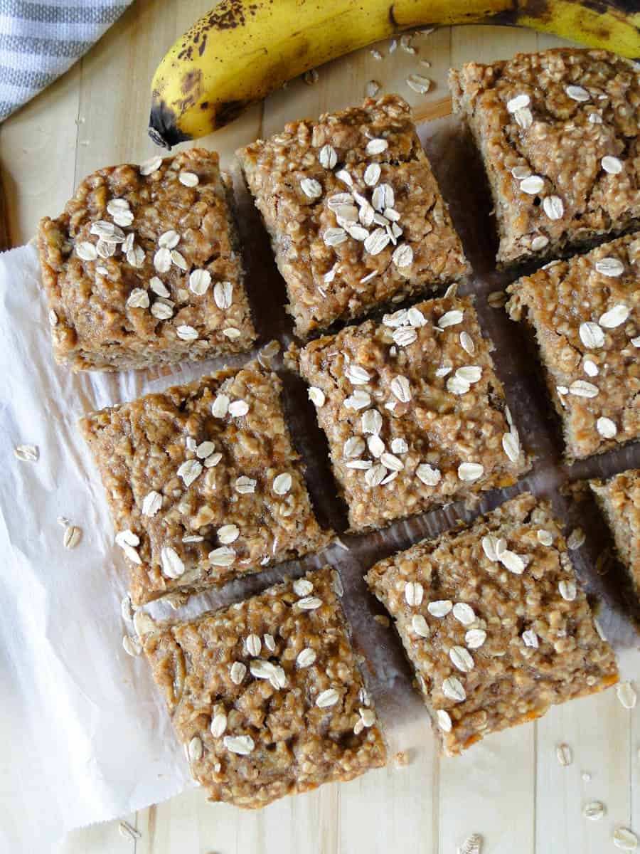 Top view of sliced oatmeal banana breakfast bread.