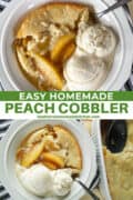 Top view of peach cobbler in white bowl with 2 scoops of vanilla ice cream and spoon and bowl of cobbler next to baking dish of cobbler with serving spoon.
