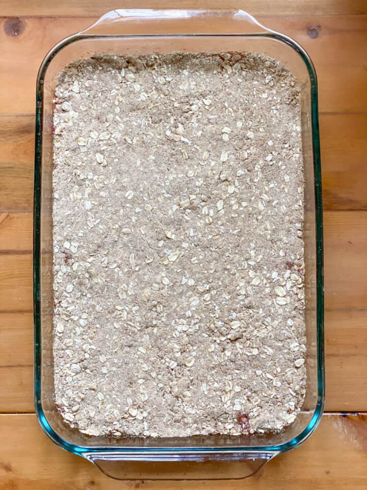 Assembled strawberry rhubarb oat bars.