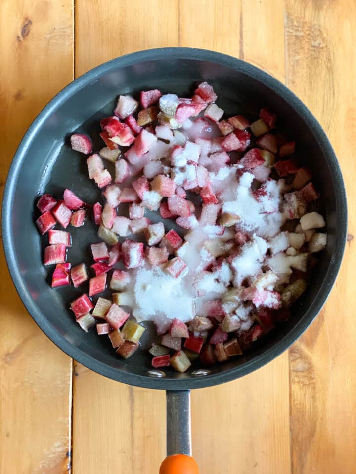 Diced rhubarb, sugar and water in sauce pan.