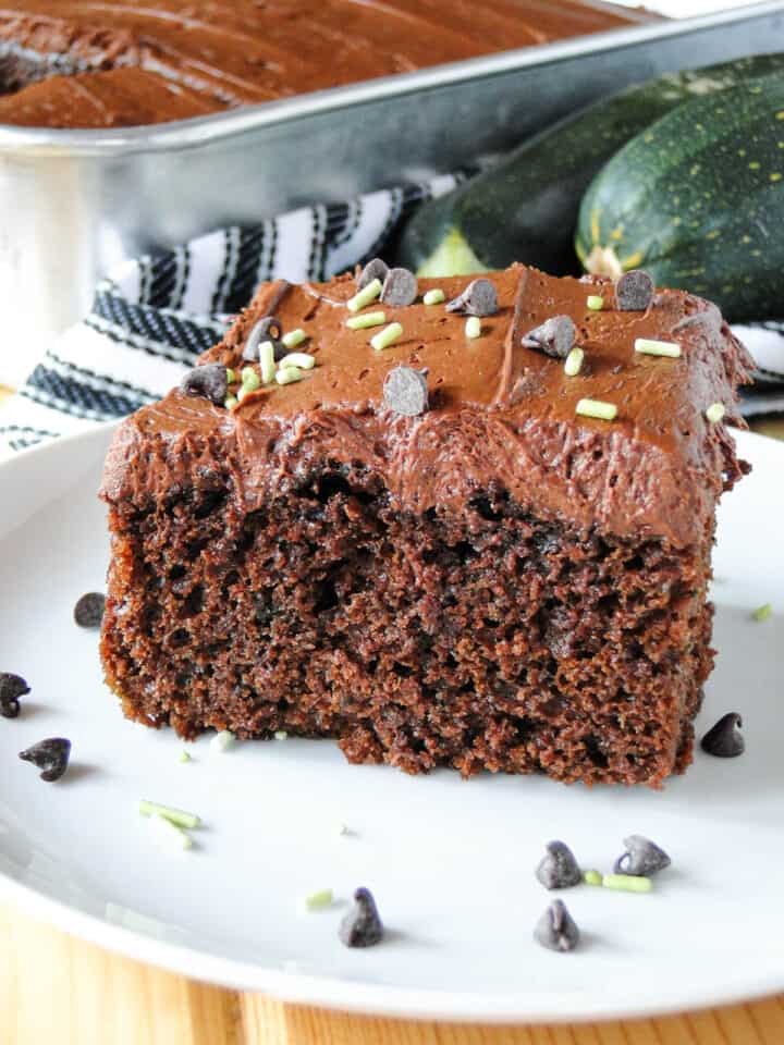 Close up view of chocolate zucchini cake slice on plate.