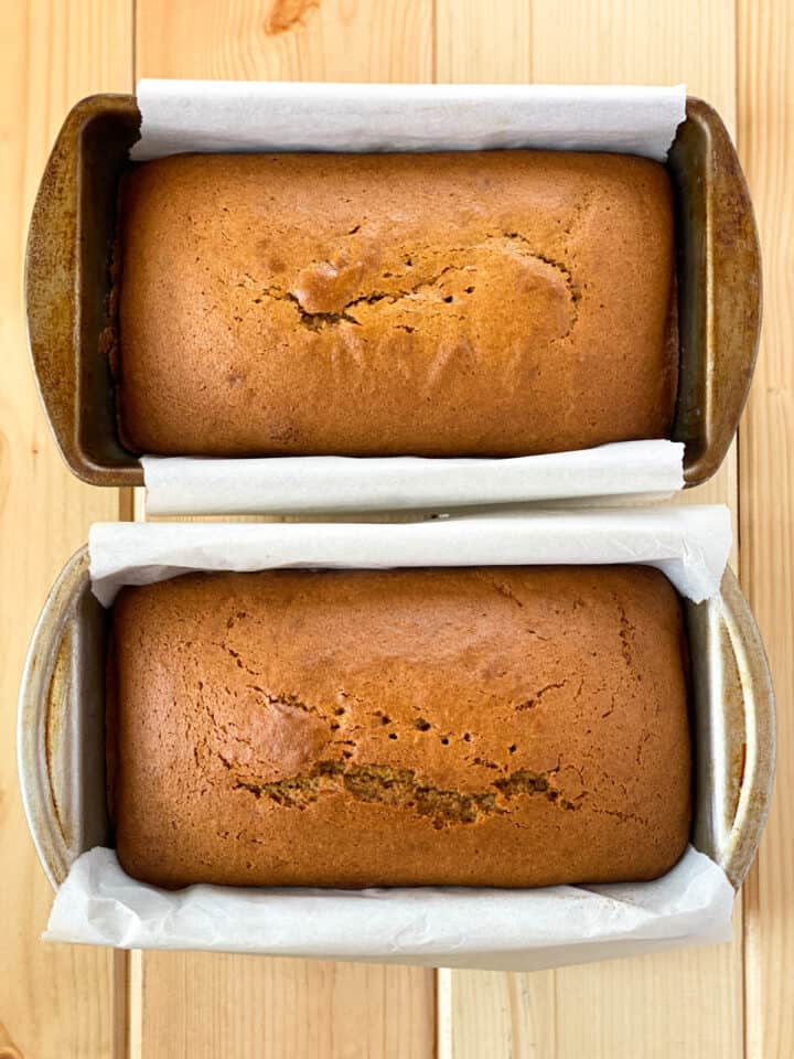 Baked pumpkin bread in loaf pans.