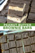 Peanut butter brownie bars sliced on sheet pan and 3 bars stacked next to other sliced bars on sheet pan.
