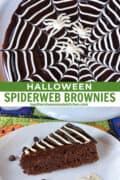 Spiderweb brownies on cake plate and triangle slice on white round plate.