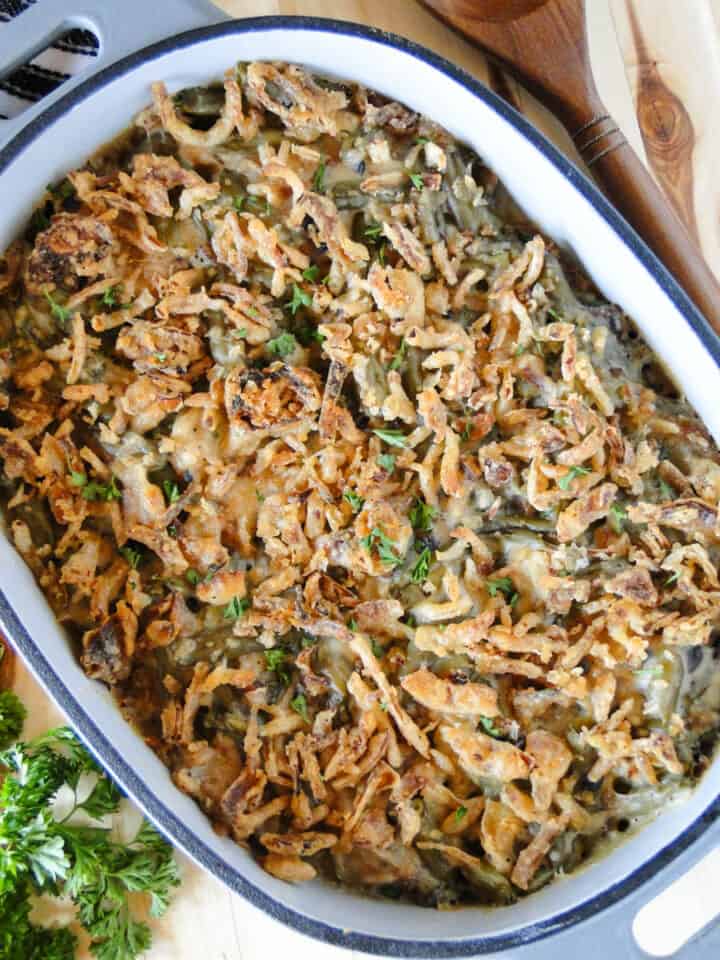 Top view of homemade green bean casserole in oval dish.