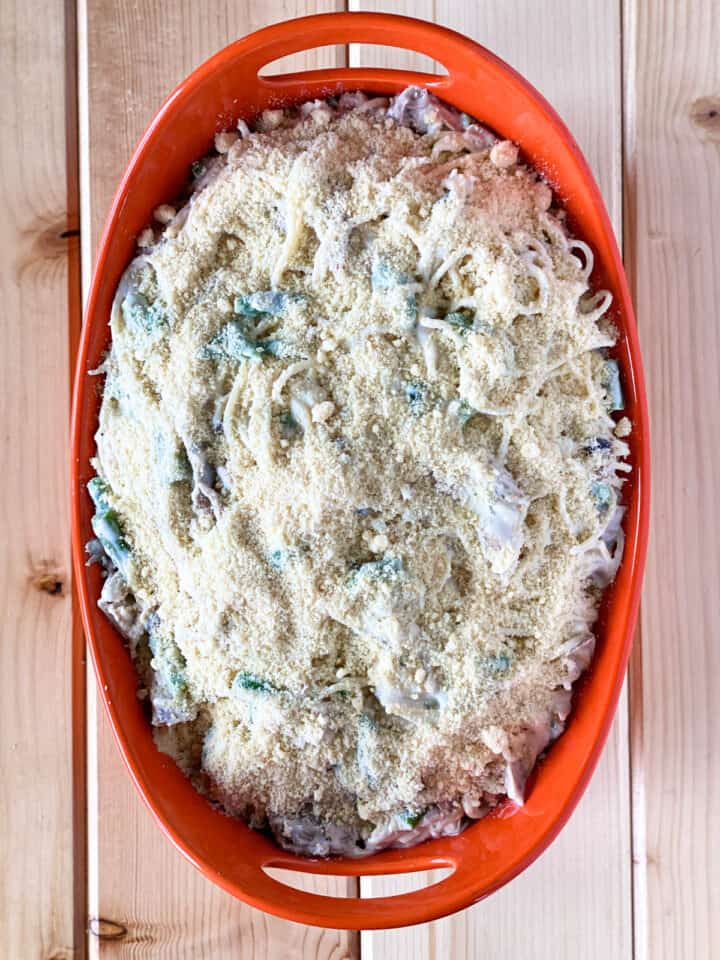 Turkey tetrazzini topped with grated parmesan cheese.