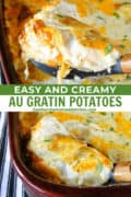 Au gratin potatoes on serving spoon and in casserole dish.