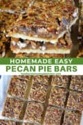 Pecan pie bars stacked and in sliced into rows.