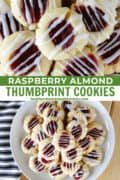 Close up view and top view of Side view of raspberry almond thumbprint cookies piled on plate.