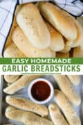 Homemade garlic breadsticks on sheet pan and wrapped in towel.