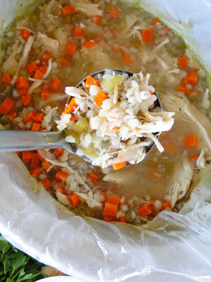 Ladleful of chicken barley soup from crock pot.