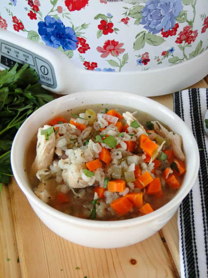 Bowl of chicken barley soup sitting in front of crock pot.