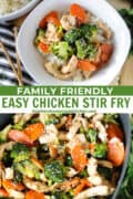 Easy chicken and broccoli stir fry in white bowl and skillet.