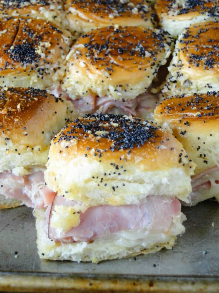 Easy ham and cheese sliders in sheet pan.