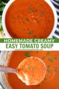 Easy tomato soup in bowl and ladleful from soup pot.
