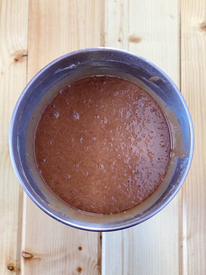 Chocolate cake batter complete in mixing bowl.