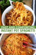 Instant pot spaghetti and meat sauce on fork and in instant pot with tongs.