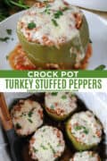 Crock pot stuffed peppers in crock pot and one pepper on plate.