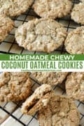 Coconut oatmeal cookies on cooling rack in rows and once cookie broken in half showing center.