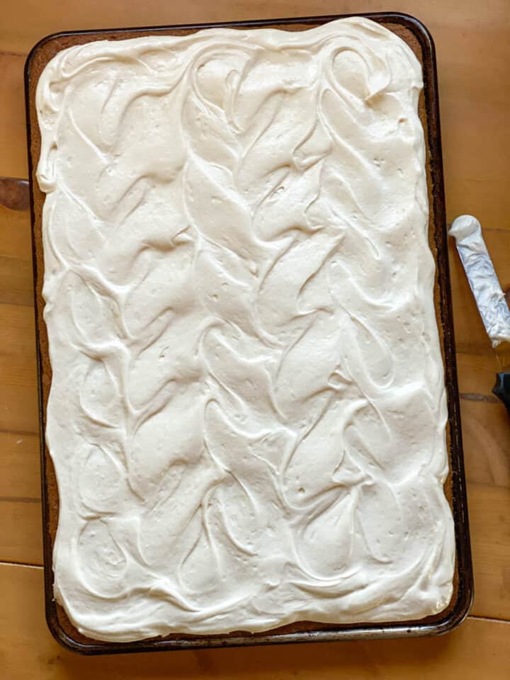 Frosted cake in sheet pan.