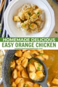 Easy orange chicken in skillet with serving spoon and served over rice in round white bowl.
