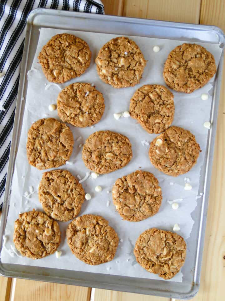 Coconut oatmeal cookies on in rows on cookie sheet.