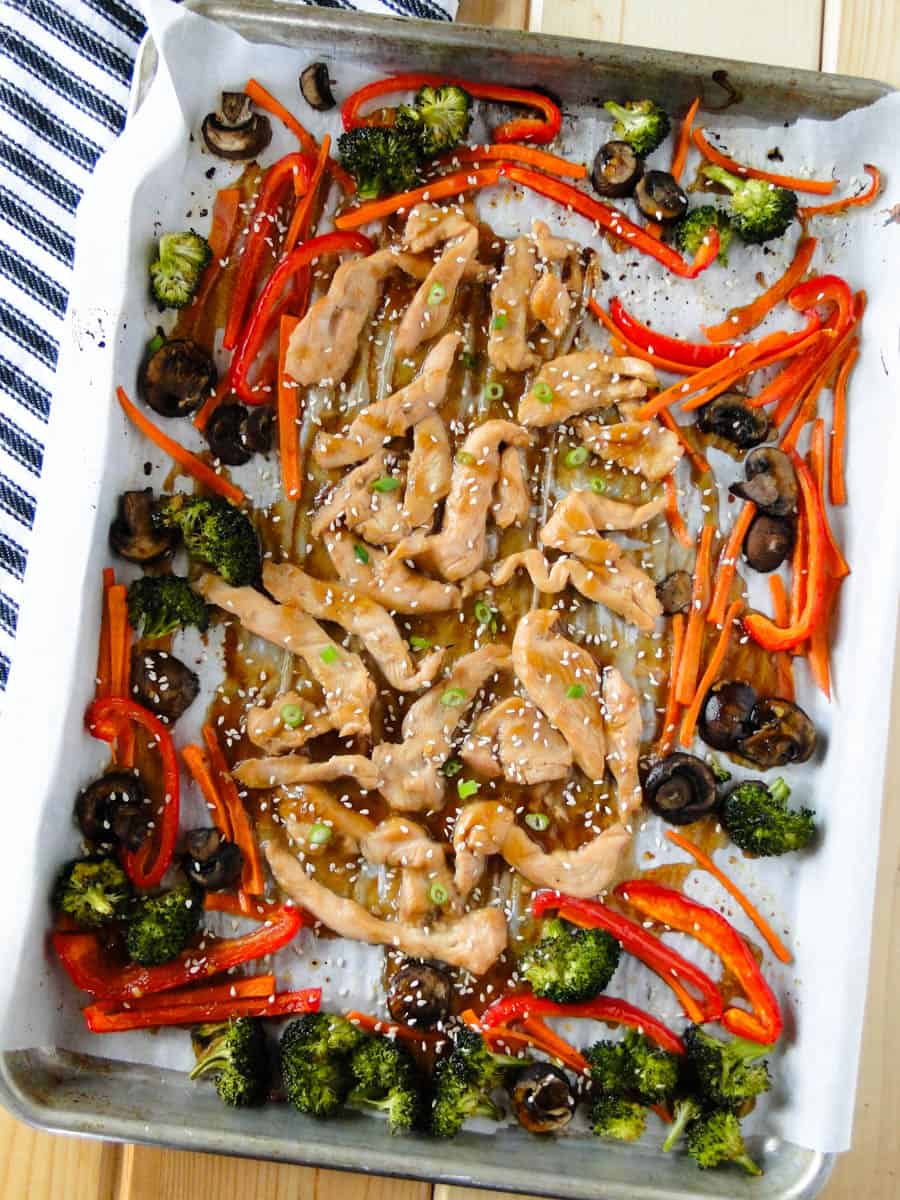 Top view Easy Sheet Pan Teriyaki Chicken on parchment lined sheet pan.