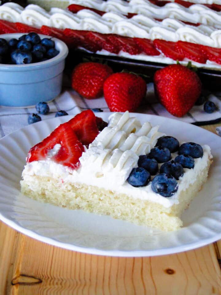 Close up side view of one piece of cake on white round plate.