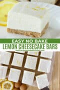Close up side view of no bake lemon cheesecake bar and top view of bars in rows on board.