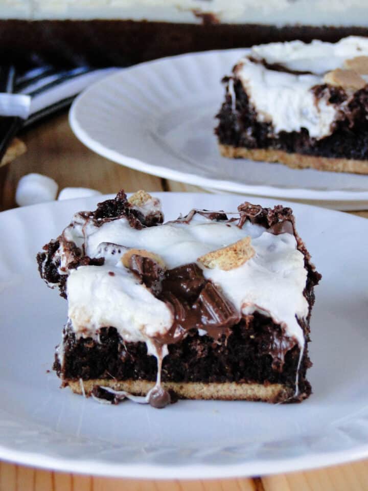 Close up side view of smores brownies on white round plates.