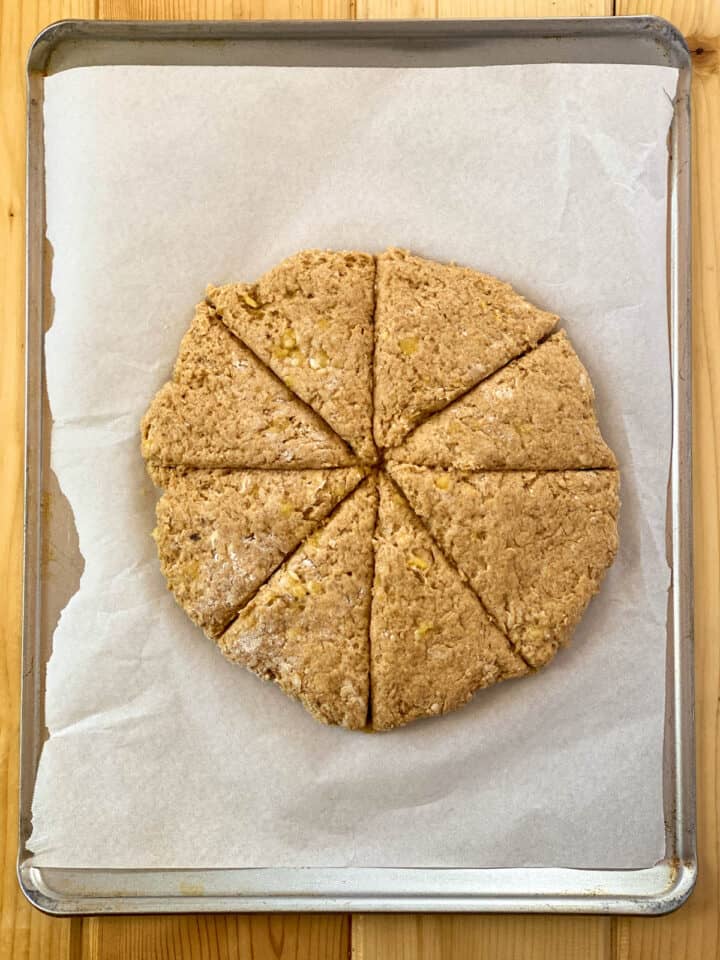 Dough patted into circle and cut into triangles on parchment paper.