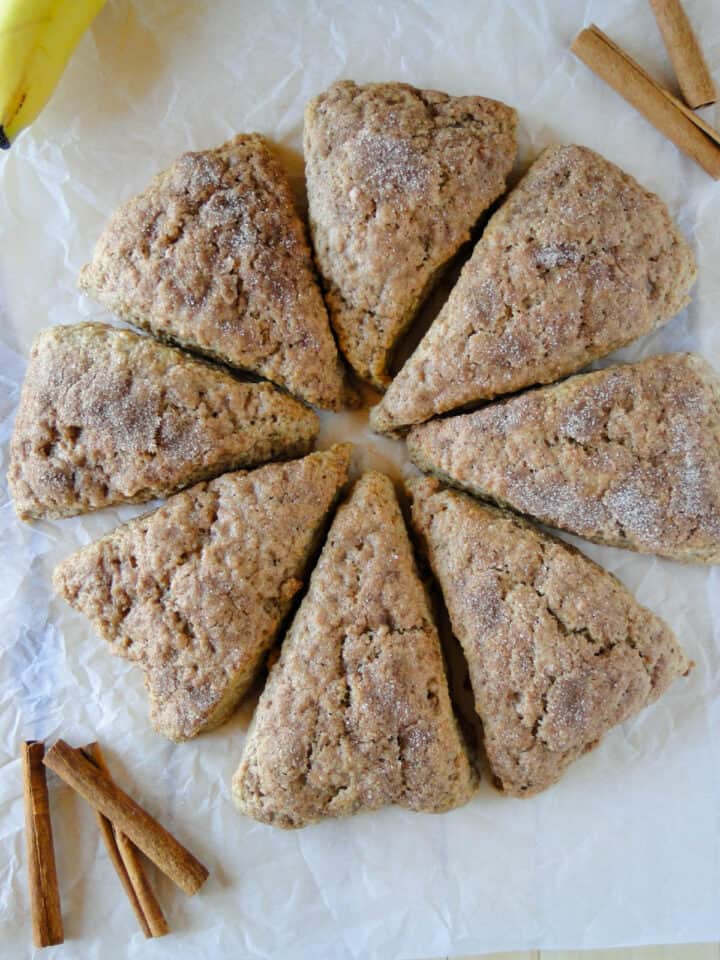 Top view of banana scones arranged in a circle.