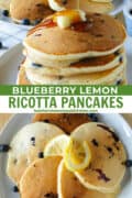 Stack of lemon blueberry ricotta pancakes with maple syrup drizzle and platter of pancakes.