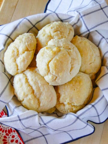 Easy drop biscuits in basket with towel.