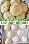 Easy drop biscuits in basket with towel and on sheet pan.