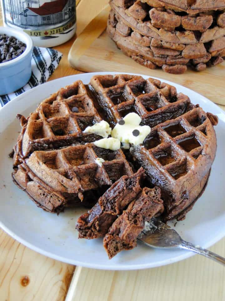 Side view of two chocolate waffles on plate with bite on fork.