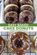 Baked cake donuts with chocolate glaze and sprinkles in rows and close up view of one donut.