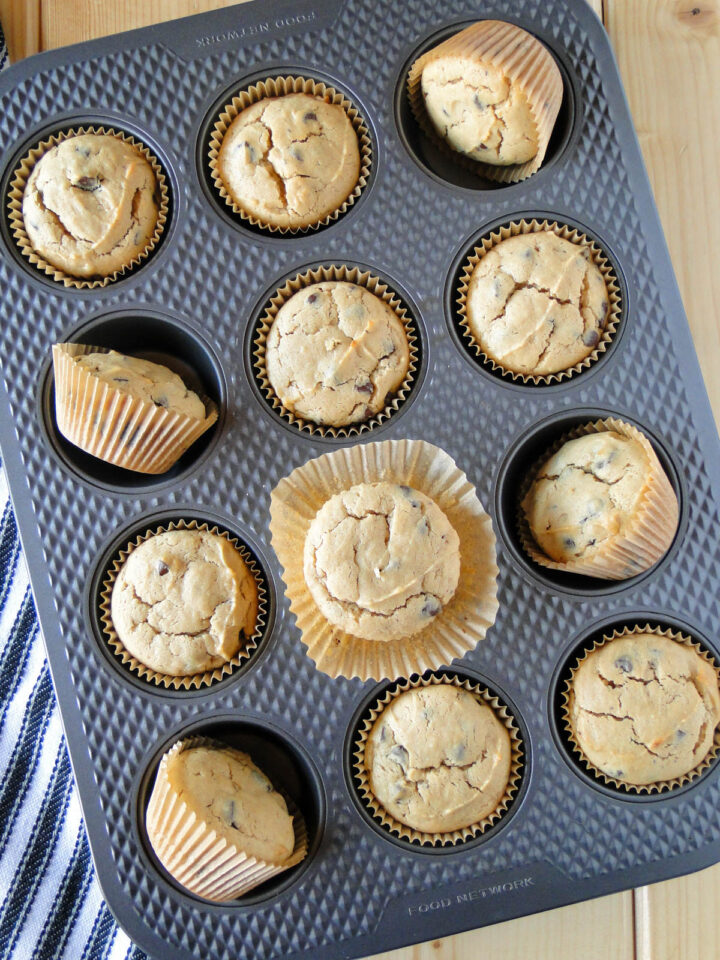 Peanut butter muffins in muffin pan.