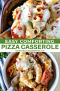Pizza casserole on serving spoon and in white round bowl with fork.