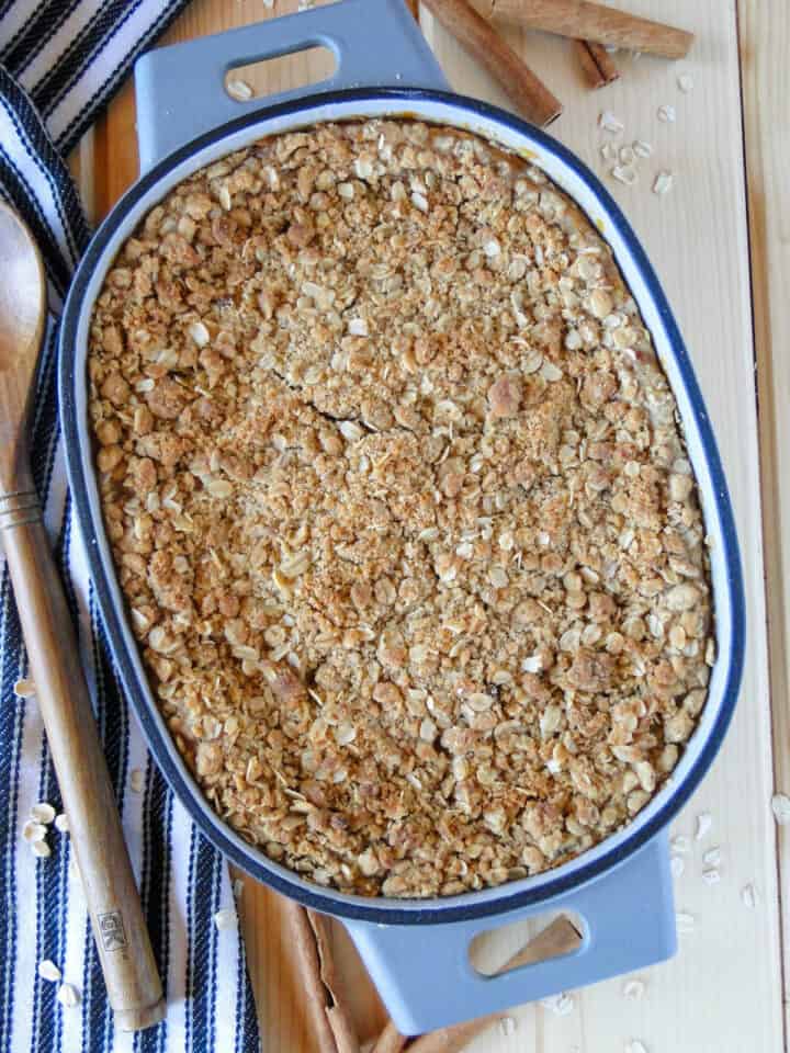 Pumpkin crisp baked in oval baking dish.