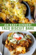 Taco biscuit bake in casserole dish with serving spoon and serving on white round plate with fork.