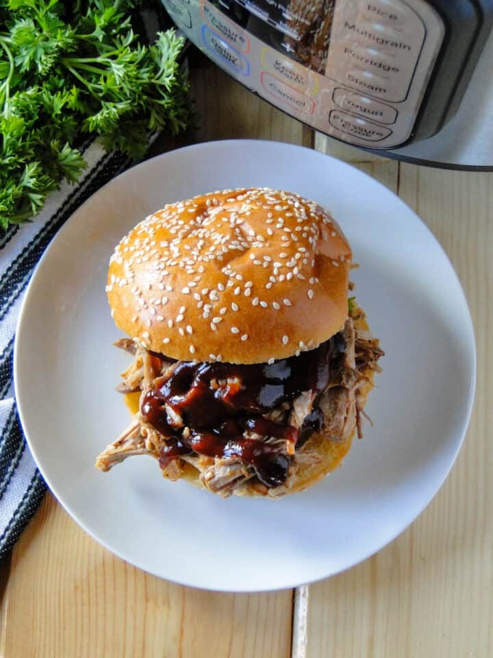 Top view of pulled pork on sesame bun with bbq sauce on white round plate.
