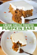 Pumpkin bar slice on white round plate with bite on fork and close up of bite on fork.