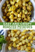 Oven roasted potatoes in white round bowl with serving spoon and on sheet pan with spatula.