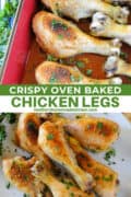 Oven baked chicken legs in red baking dish and piled on white round plate.
