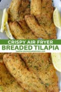 Crispy air fryer breaded tilapia on a white round plate and one close up view with a lemon wedge.