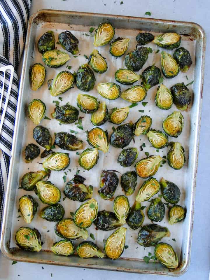 Brussels sprouts roasted on sheet pan.