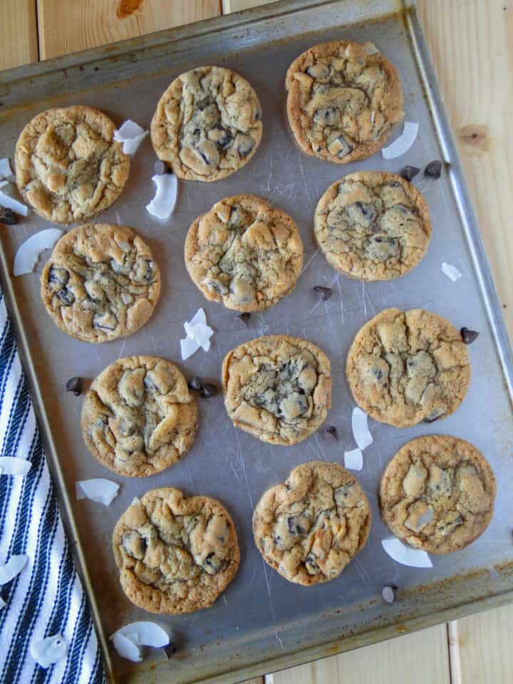 Chocolate chunk coconut cookies in rows on cookie sheet.